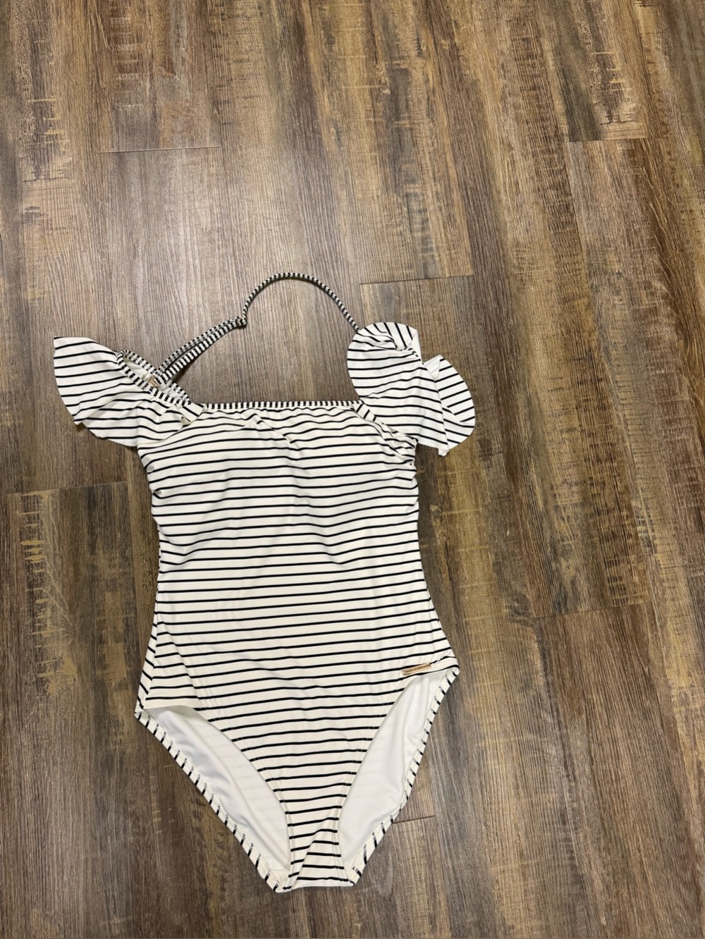 Vince Camuto Swim Striped One-Piece Swimsuit with Ruffle Straps - Black & White